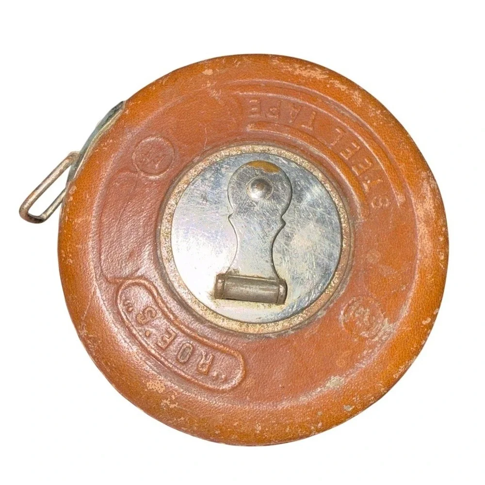 Lufkin Vintage 50 ft‎ Reel-Style Tape Measure Brown Round Case STEEL tape rare